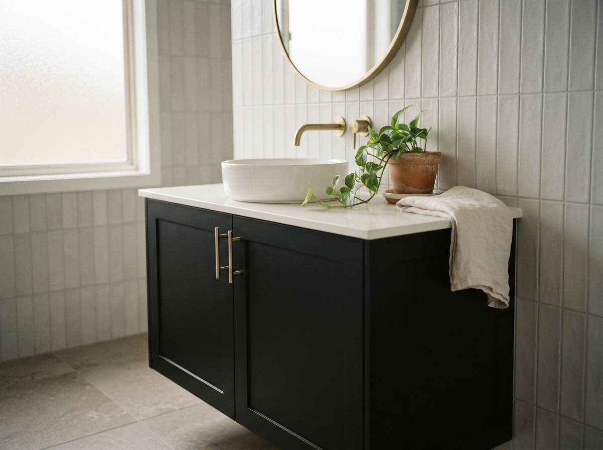 Modern bathroom vanity with black cabinets, white vessel sink, brass faucet, potted plant, towel, and round mirror.