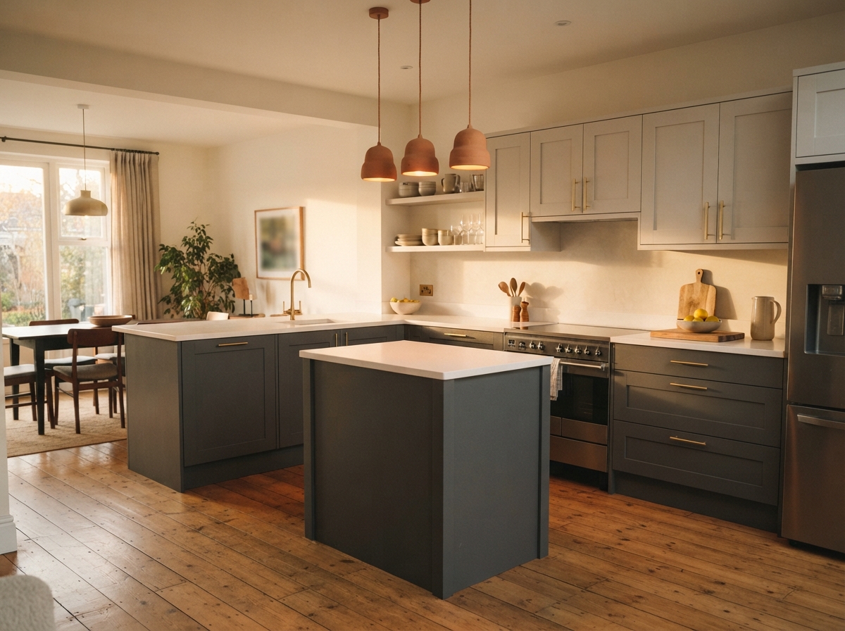 Warm modern kitchen with dark cabinets, cream cupboards, pendant lights, island, dining table, and large windows.