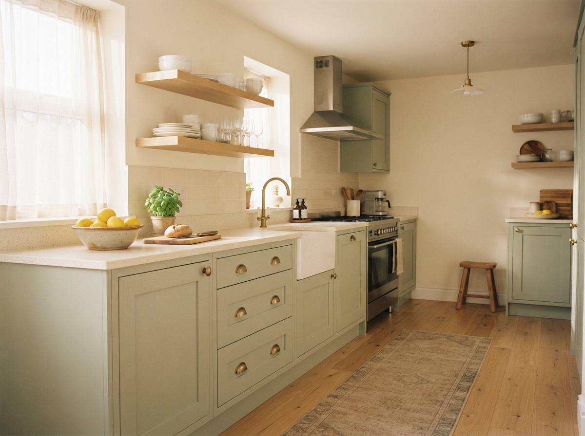 Warm, sunlit sage-green kitchen with open shelves, farmhouse sink, lemons, stove, and a wood floor runner.