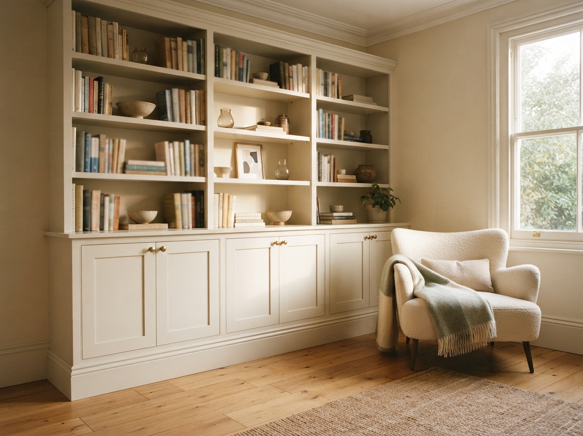 Warm reading nook with built-in cream bookshelves, an upholstered armchair, wood floors, and a sunlit window.