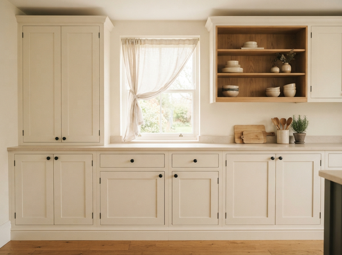 Traditional cream kitchen with a curtained window, wood display shelves, cabinets, countertop decor, and plank flooring.