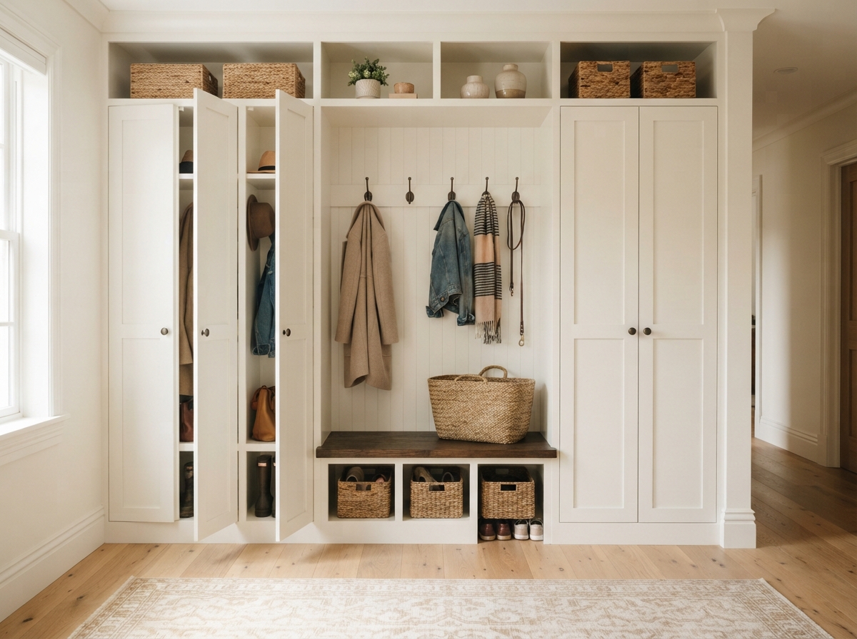 White built-in entryway storage with coats, baskets, cabinets, and a patterned rug.