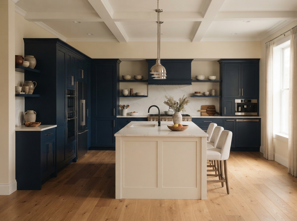 Bright navy-and-cream kitchen with a central island, pendant lights, wood floors, and stools by a sunlit window.