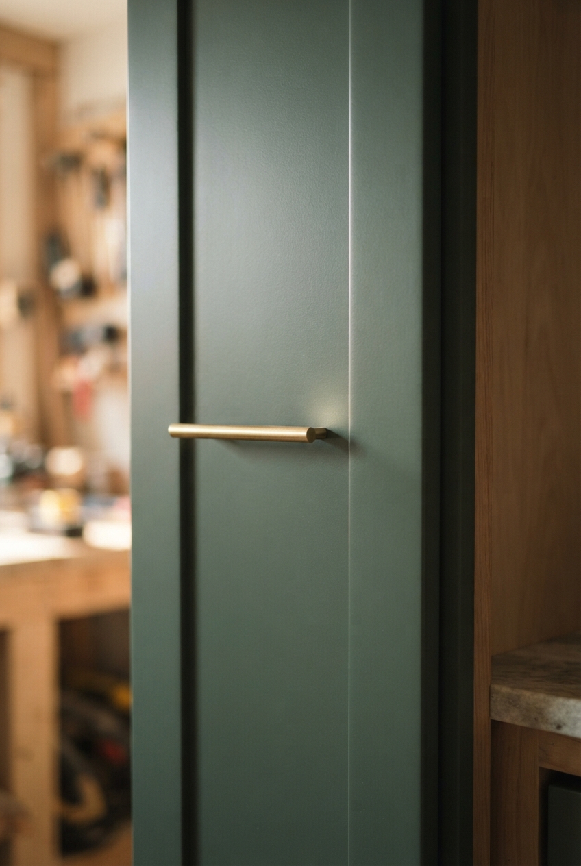 Close-up of a sage-green cabinet door with a horizontal brass handle beside blurred warm wood cabinetry.