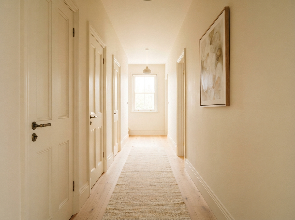 Bright cream hallway with paneled doors, a beige runner, abstract wall art, pendant light, and sunlit window.