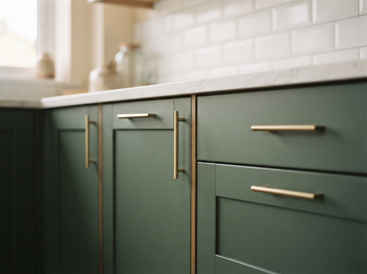 Close-up of sage-green kitchen cabinets with brass handles, a veined countertop, and white subway-tile backsplash.