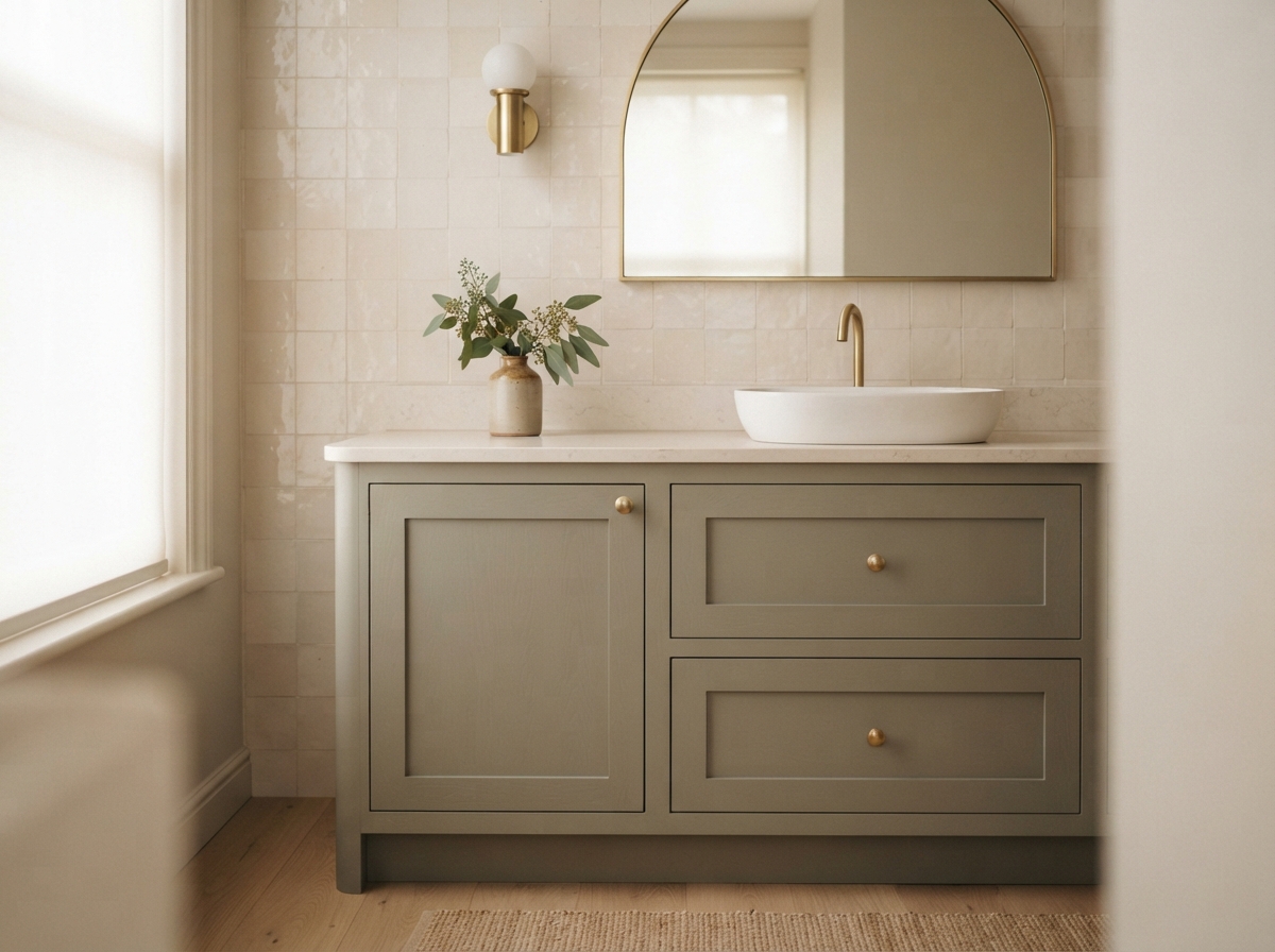 Warm neutral bathroom vanity with arched mirror, brass fixtures, vessel sink, tiled wall, and leafy vase.