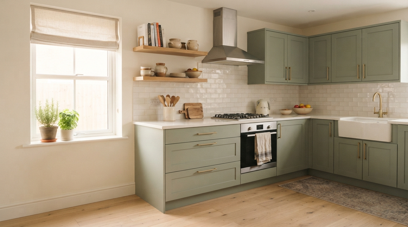 Bright sage-green L-shaped kitchen with a farmhouse sink, tiled backsplash, shelves, window plants, and central range.